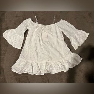 White Off Shoulder Mini Dress Long Bell Sleeve Eyelet Lace Cottagecore Coquette